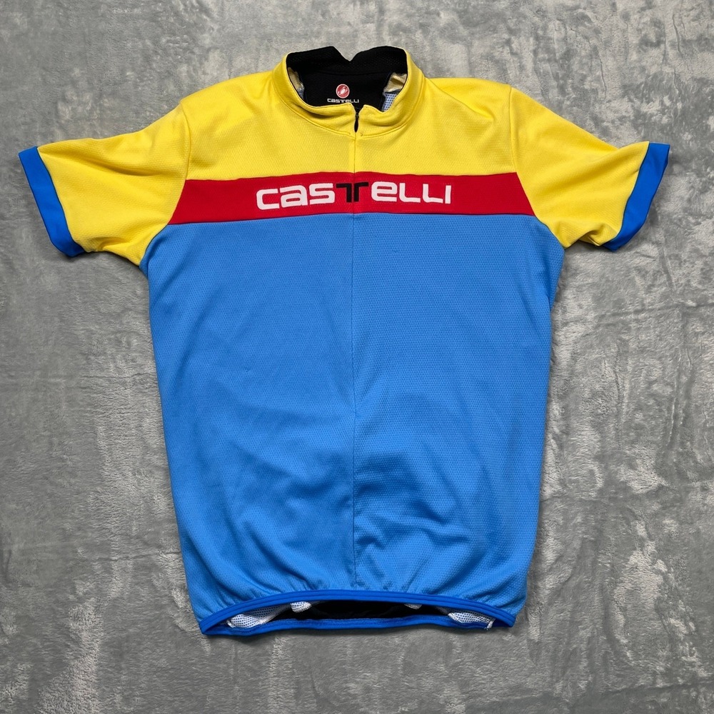 Castelli Cycling Jersey Mens Large Blue Yellow Red Colorblock Full Zip Short Slv